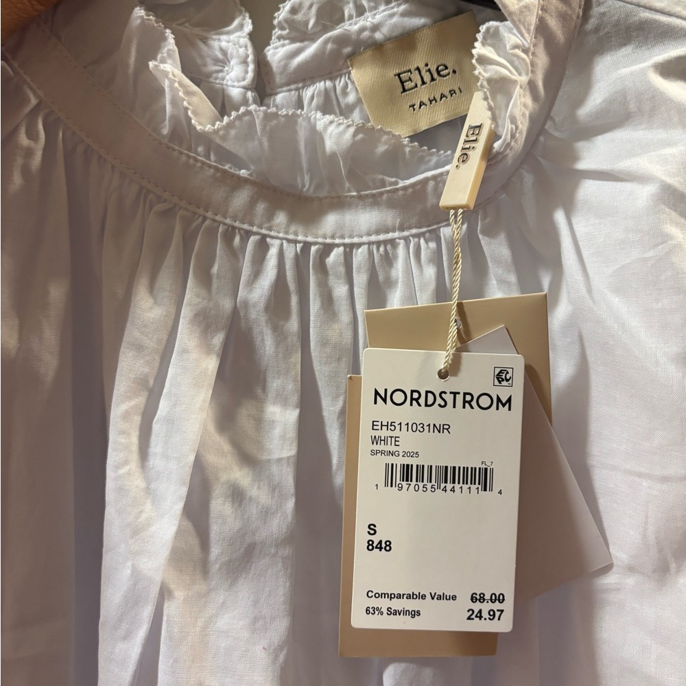 Ellie Tahari White Ruffled Neck and Sleeves Cotton Blouse - Picture 6 of 7